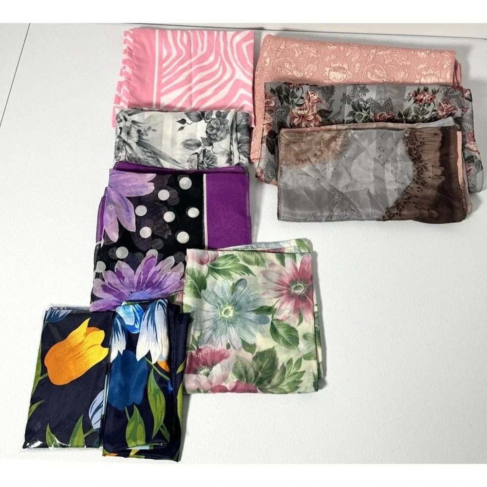 Vintage Women's Floral Scarf Lot 8 Poly Chiffon Cottagecore Romantic Prairie